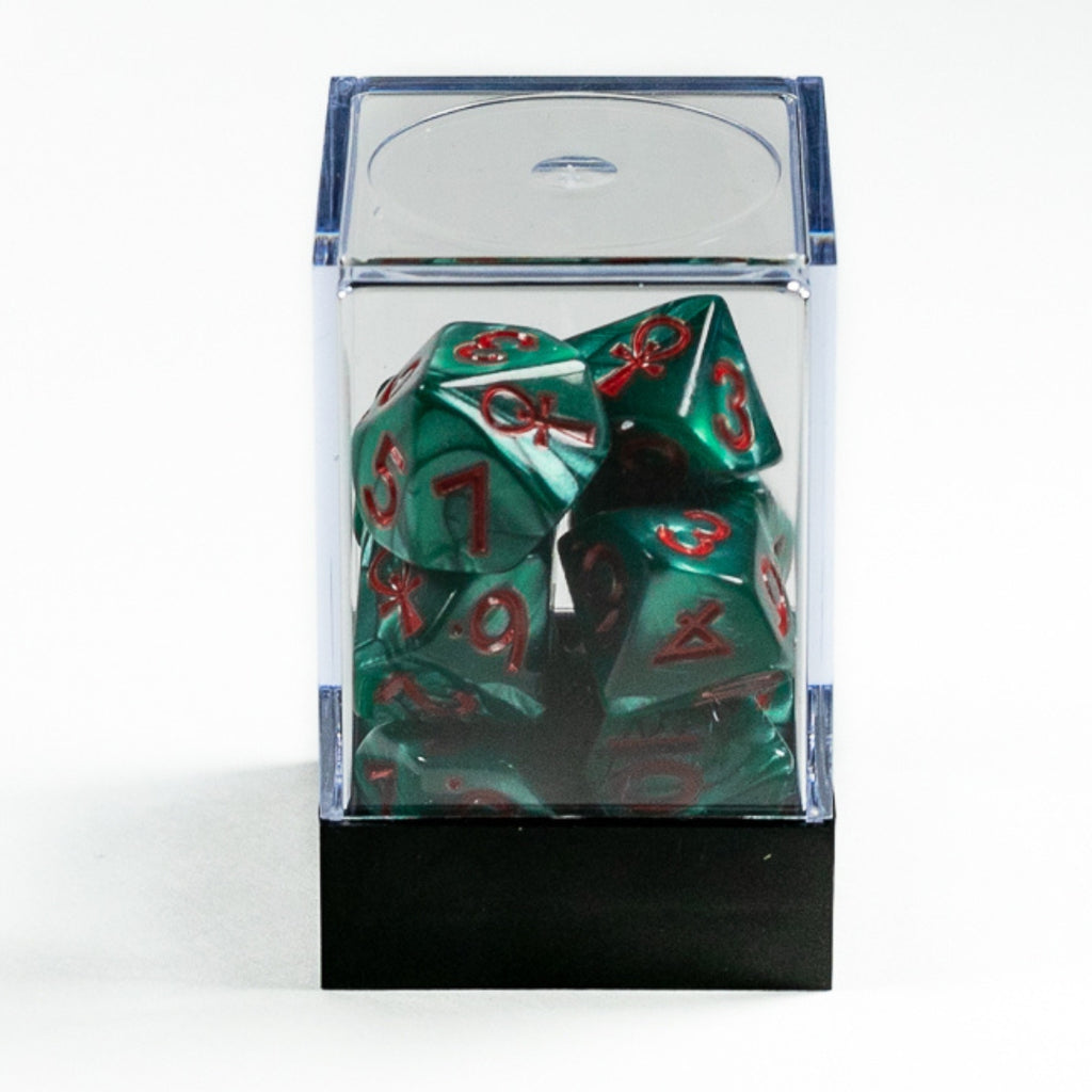 Raven Queen Dice Set - Dadi Vampiri con Ankh Verde Smeraldo/Rosso