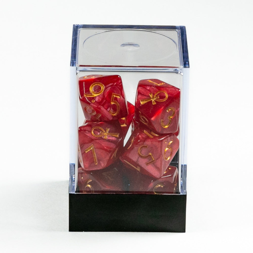 Raven Queen Dice Set - Dadi Vampiri con Ankh Rosso Rubino/Oro