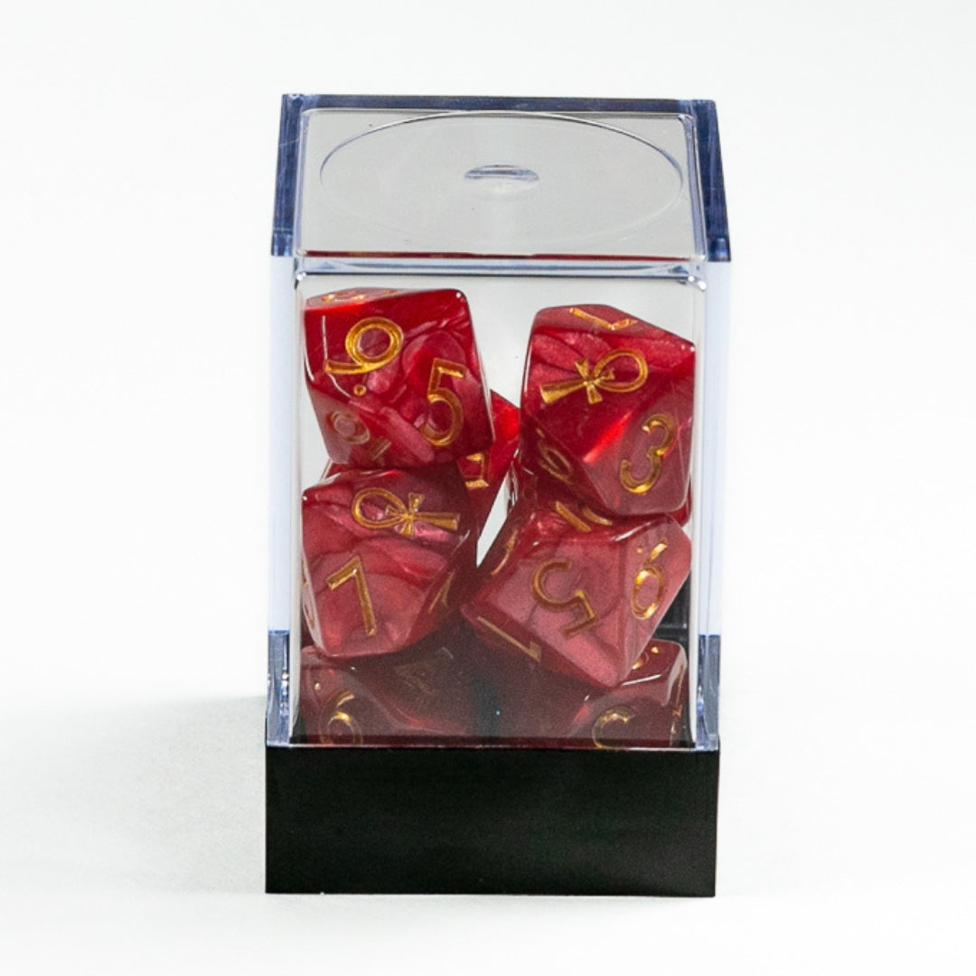 Raven Queen Dice Set - Dadi Vampiri con Ankh Rosso Rubino/Oro
